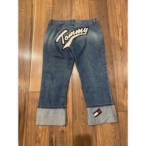 Vintage Y2K Tommy Hilfiger Patch Back Spellout Cuffed Jeans Womens Size 9